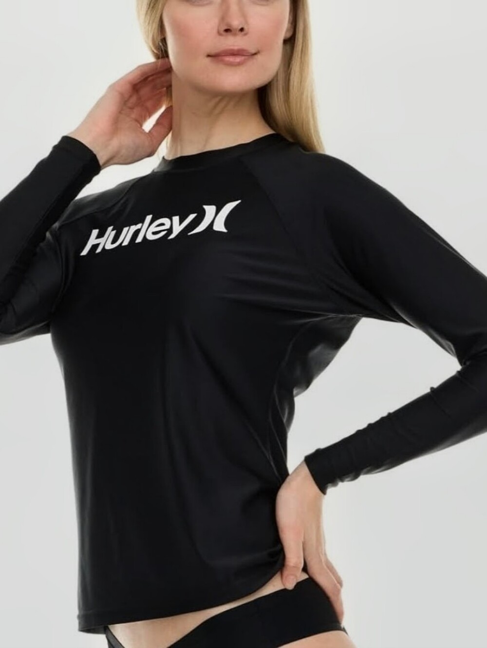 Hurley Black Long Sleeve Logo Rash Guard Top in Size Large